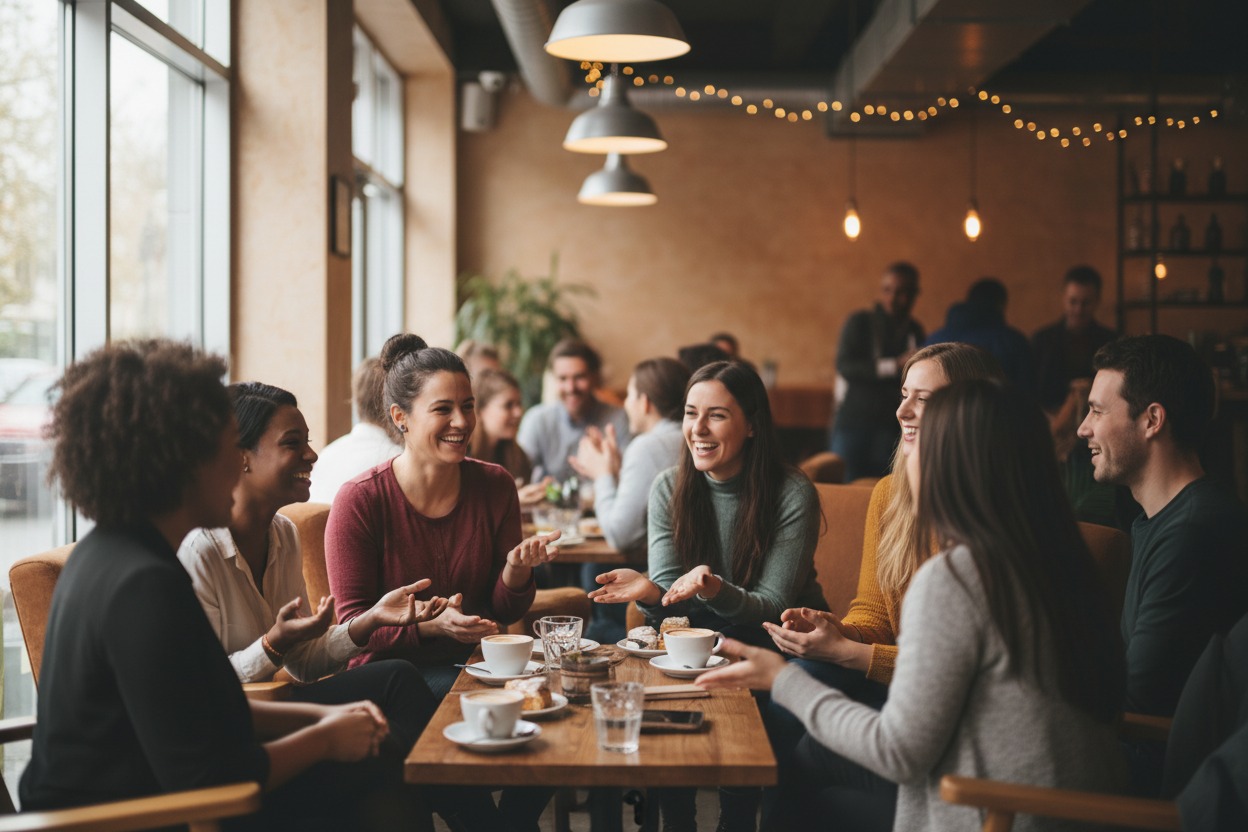 Eine Gruppe von Freunden sitzt gut gelaunt an einem Holztisch in einem Café und unterhält sich lebhaft bei Kaffee und Gebäck.